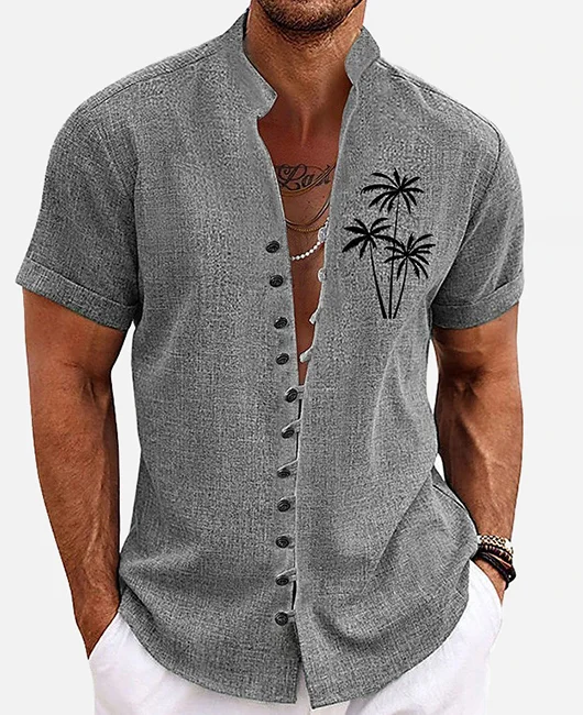 Casual Linen Single Breasted Pattern Print Stand Collar Shirt 