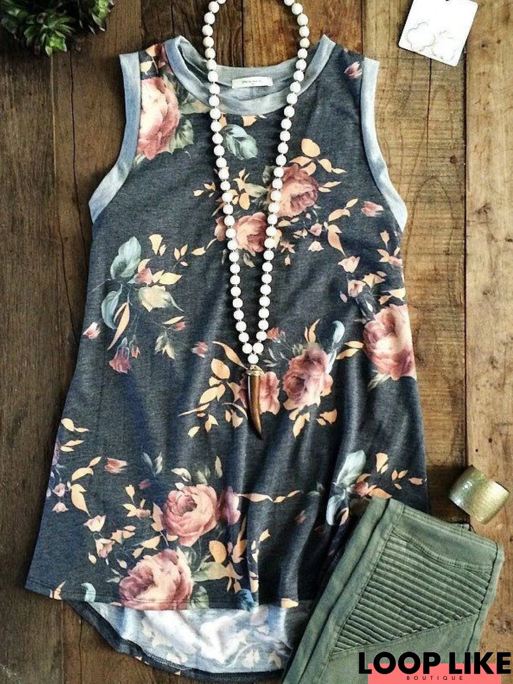 Black Vintage Round Neck Floral-Print Shift Tank Top