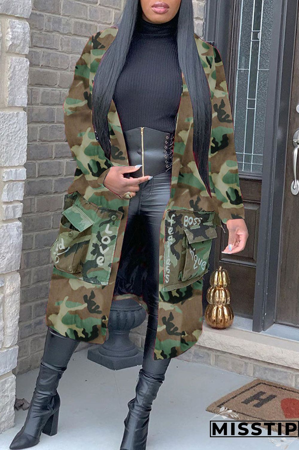 Camouflage Casual Street Print Camouflage Print Patchwork Turn-back Collar Outerwear