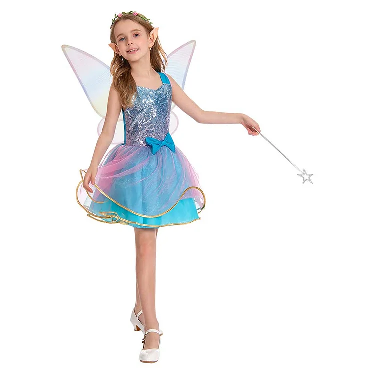 Kids Children Fairy Elf Blue Pink Tutu Dress Set Outfits Cosplay Costume Halloween Carnival Suit