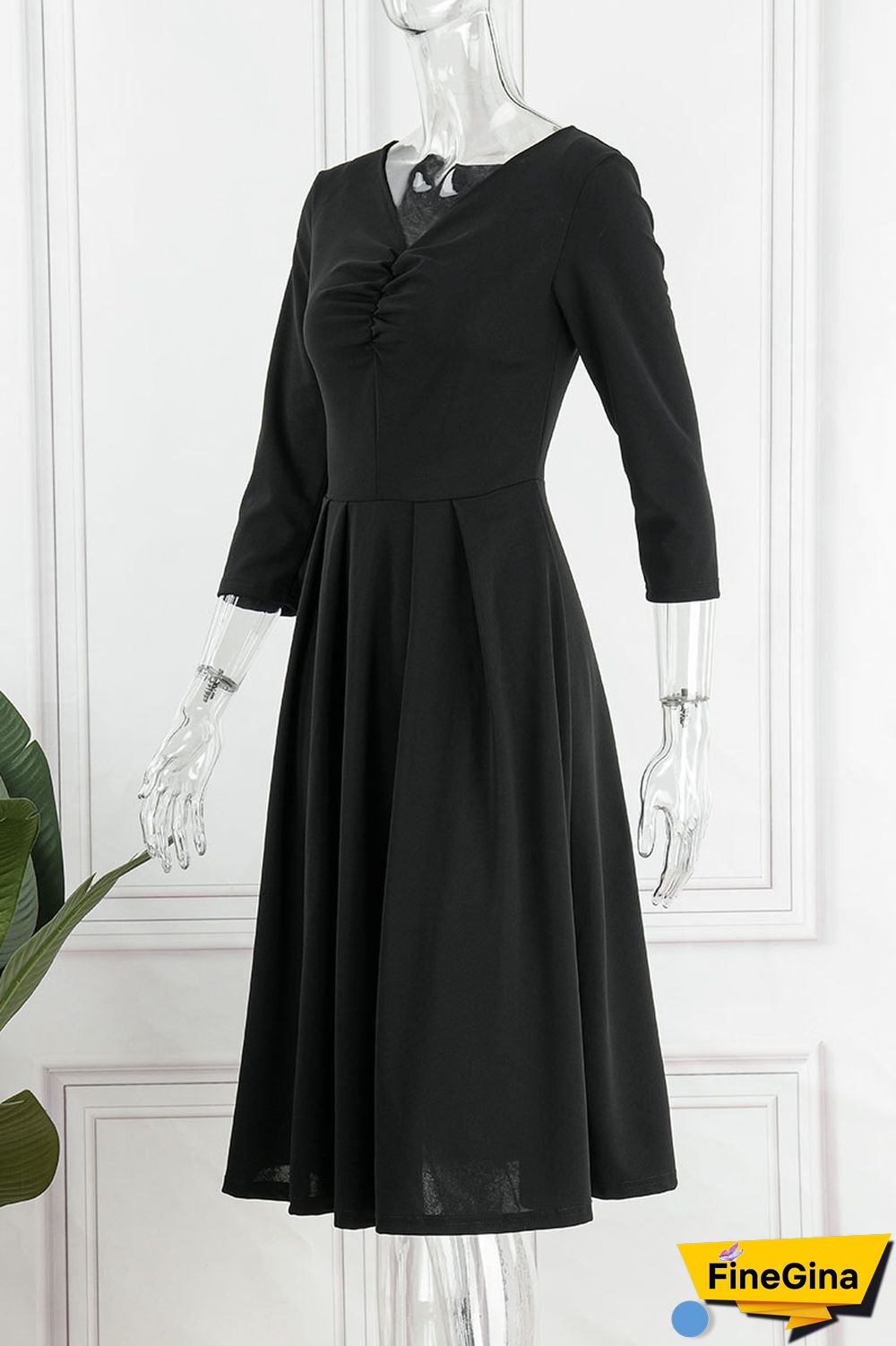 Black Casual Solid Patchwork V Neck A Line Dresses