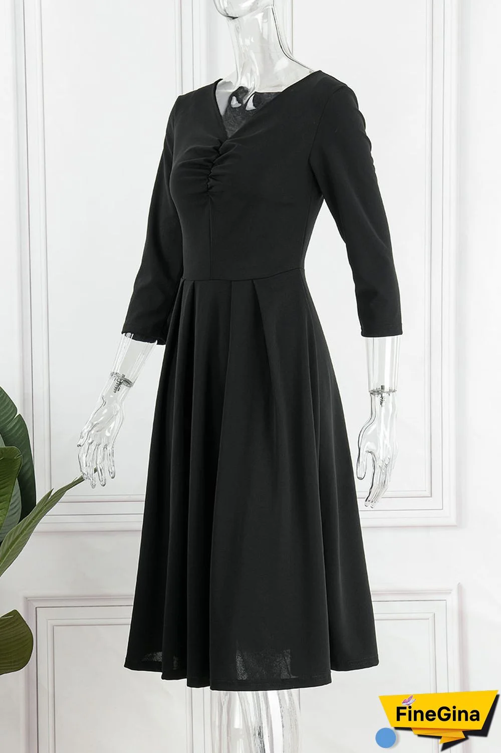 Black Casual Solid Patchwork V Neck A Line Dresses