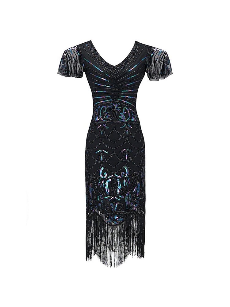 Mayoulove 1920s Dress Retro Handmade Beaded Sequins Tassel Evening Dress-Mayoulove