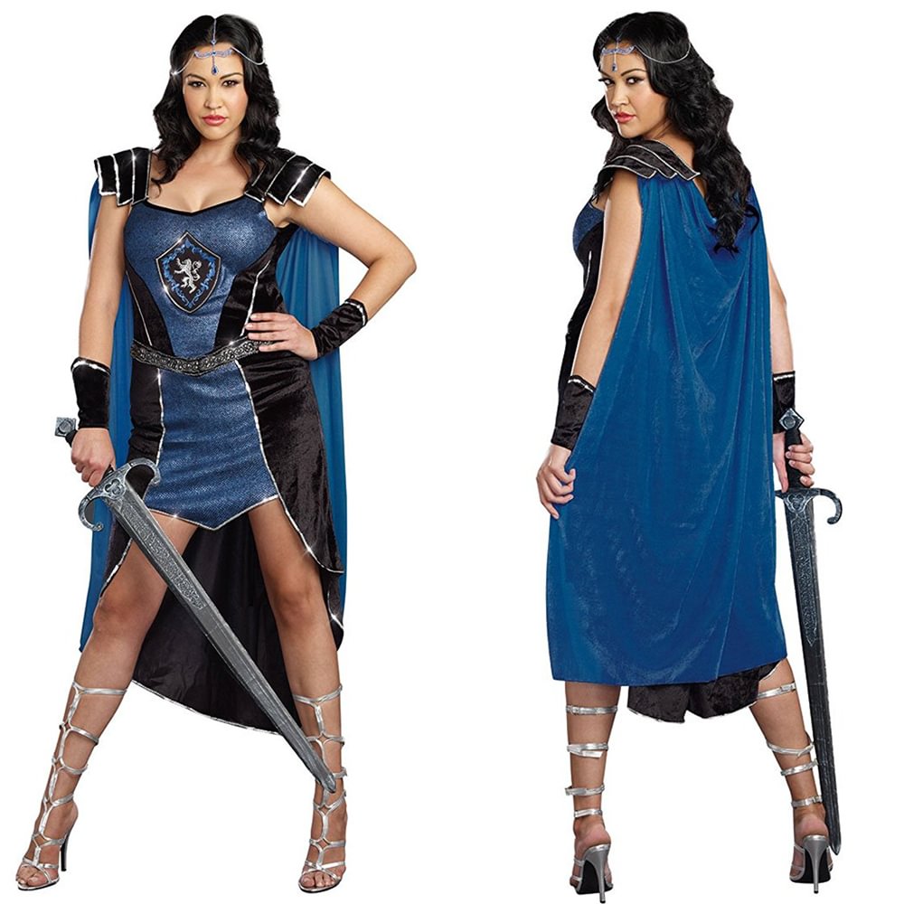 Women Medieval Halloween Warrior Knight Cosplay Costume with Cloak-Pajamasbuy