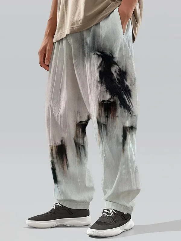 Men's Crow Abstract Painting Art Printed Cotton And Linen Casual Pants