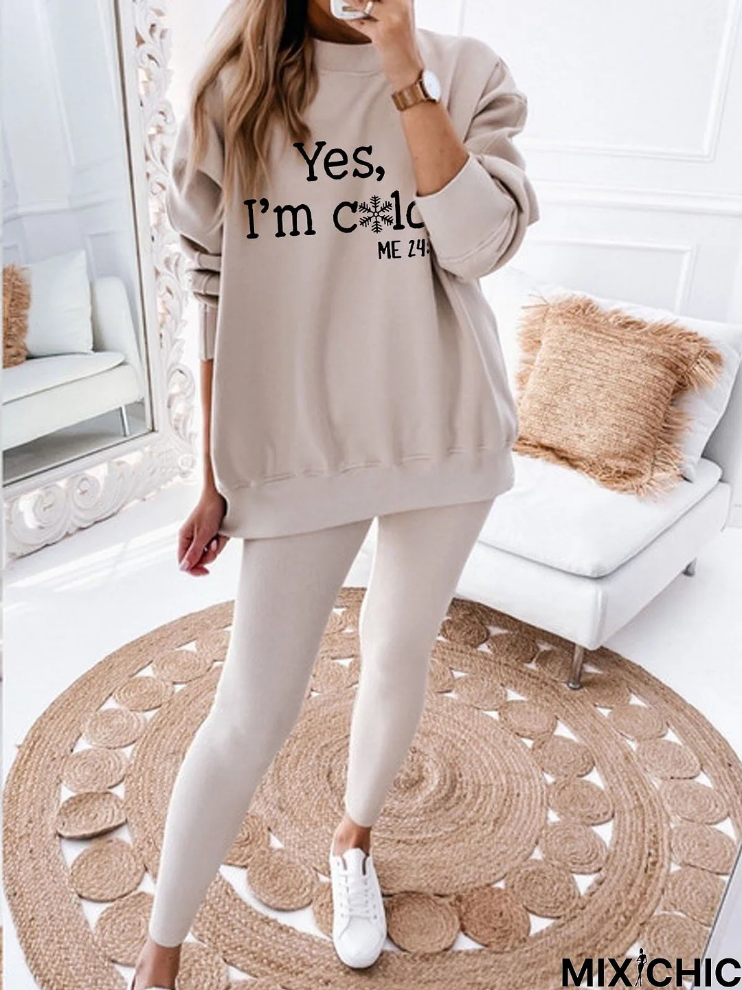 Loose Text Letters Printed Crew Neck Casual Two-Piece Set