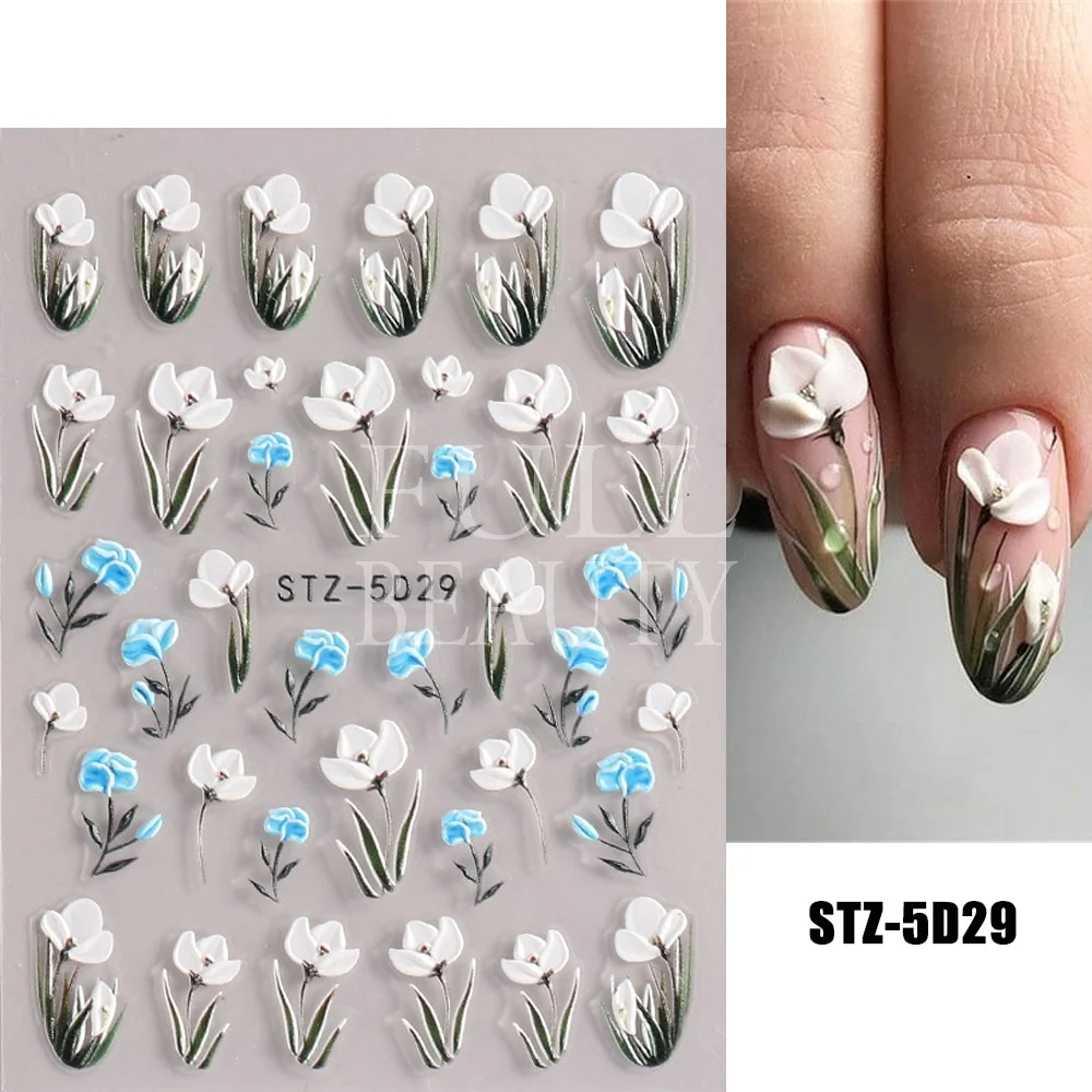 Churchf Nail Stickers Flowers Geometric Lines Decor Acrylic Embossed Sliders Gold Frame Nail Decals Cherry Blossom Manicure GLJI-5D05-Nail Inspo