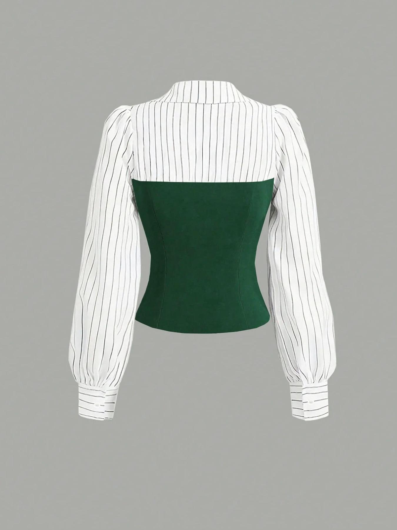 Women's Long Sleeve Colorblock Patchwork Shirt Set, Slimming Waist Design, Straight Leg Pants, Casual Fashion, Chic, Style, 2 Piece Set, Womenswear