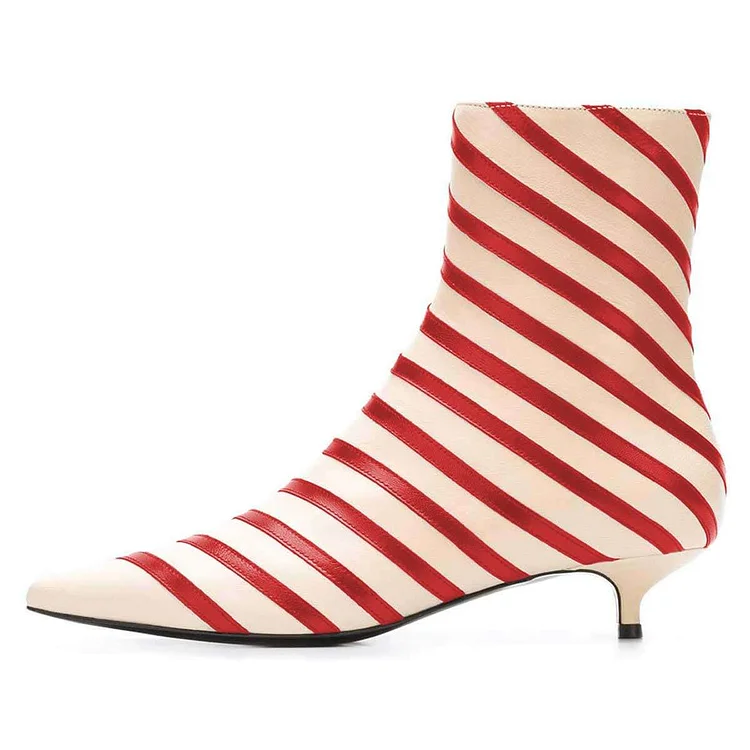 Beige and Red Kitten Heel Boots Stripes Ankle Booties |FSJ Shoes