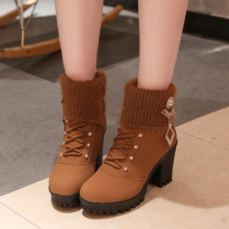 Black/Brown Sweet Fleece Heels Boots S12896