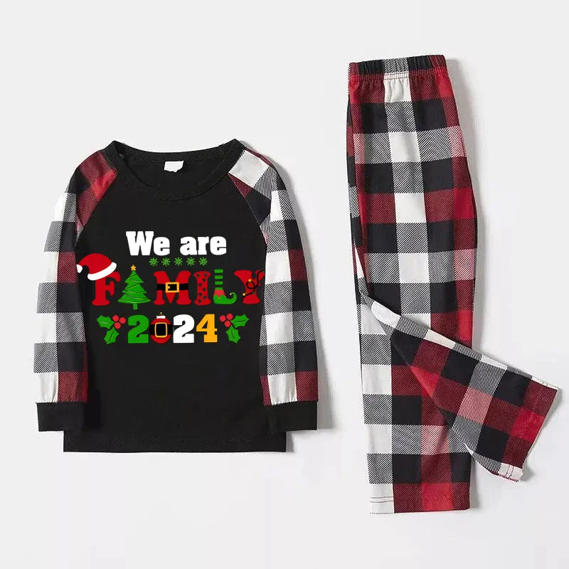 Christmas We are Family 2024 Letter Print Red & Black & Grey & White Plaid Family Matching Pajamas With Dog