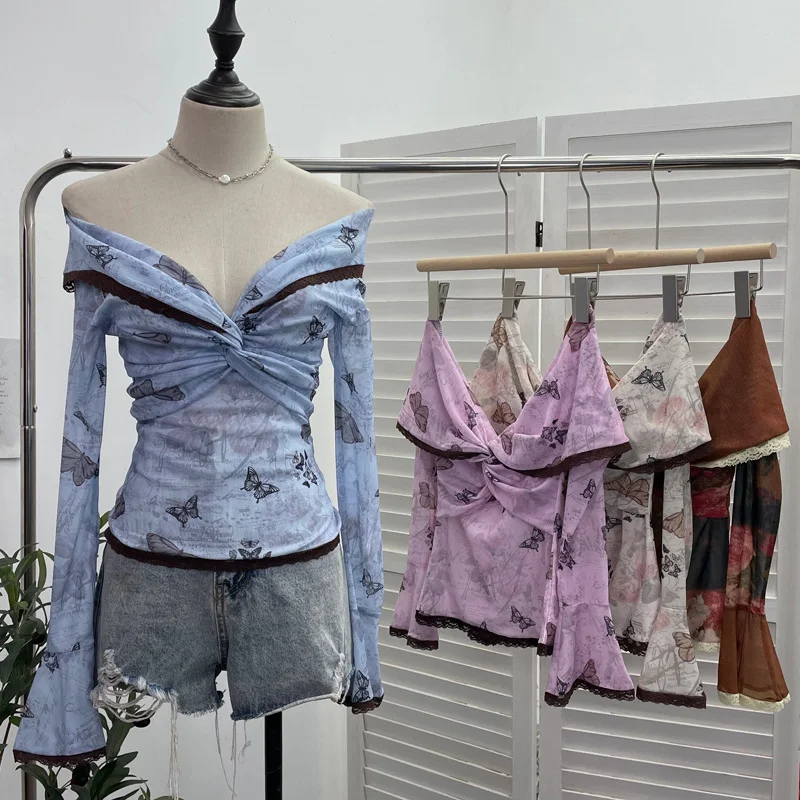 Churchf Vintage Oil Painting Print Collar A Word Twisted Folded Short-Sleeved Trumpet Blouse 9907