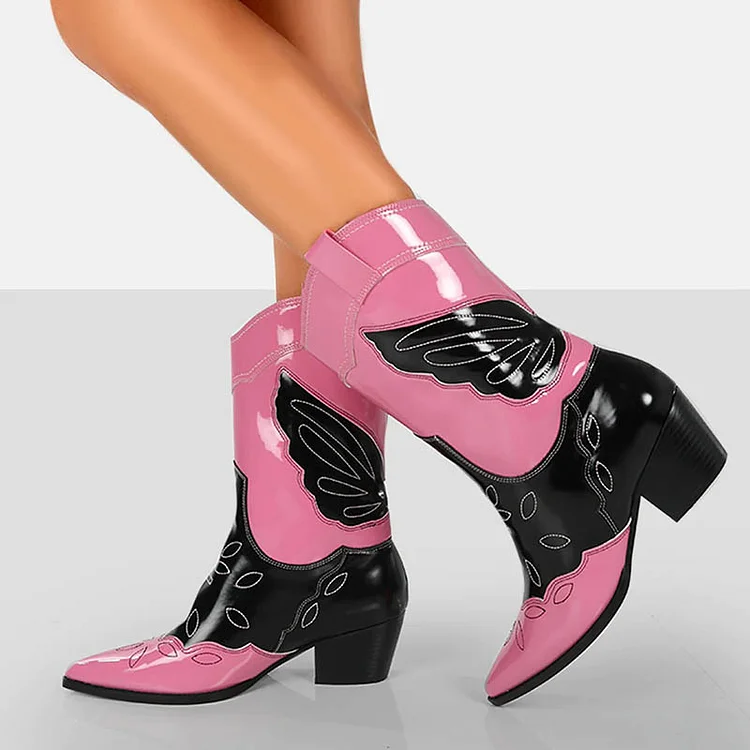 Fuchsia & Black Mid-Calf Cowgirl Boots with Butterfly-Patterned Patent Finish and Block Heels |FSJ Shoes