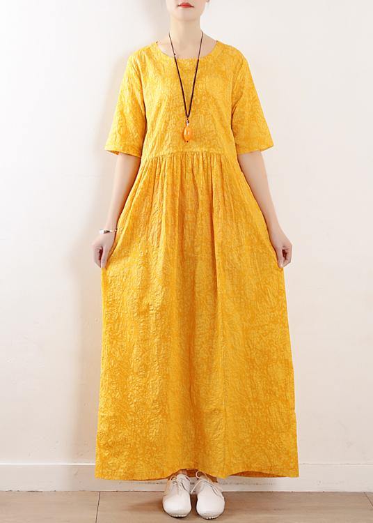 VCSHOES o neck half sleeve cotton linen summer Robes yellow Dress