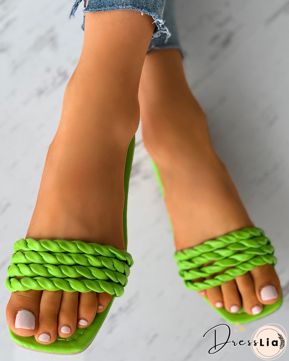 Braided Strap Square Toe Slide Slippers