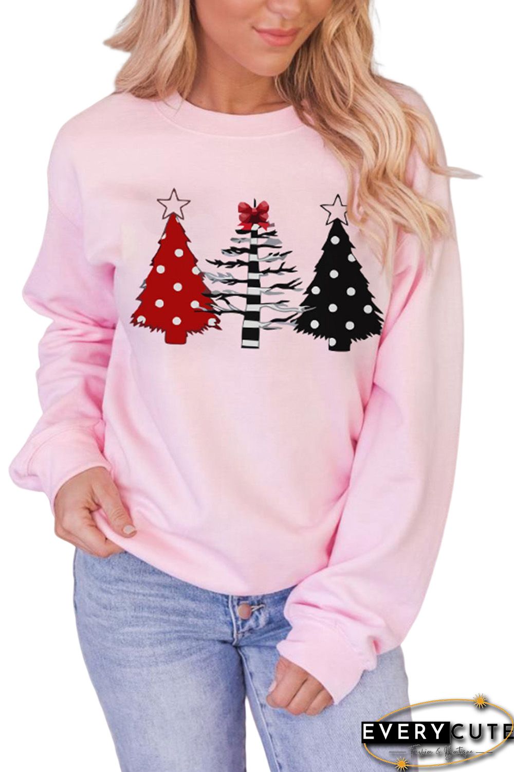 Pink Christmas Tree Graphic Print Pullover Sweatshirt