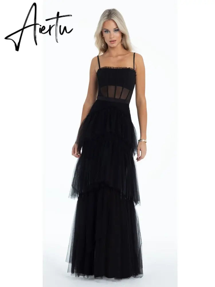 Summer Women'S Dresses One-line Neck Suspender Sleeveless Solid Color Dress Sexy Open Back Mesh White Cake Long Dress Aiertu
