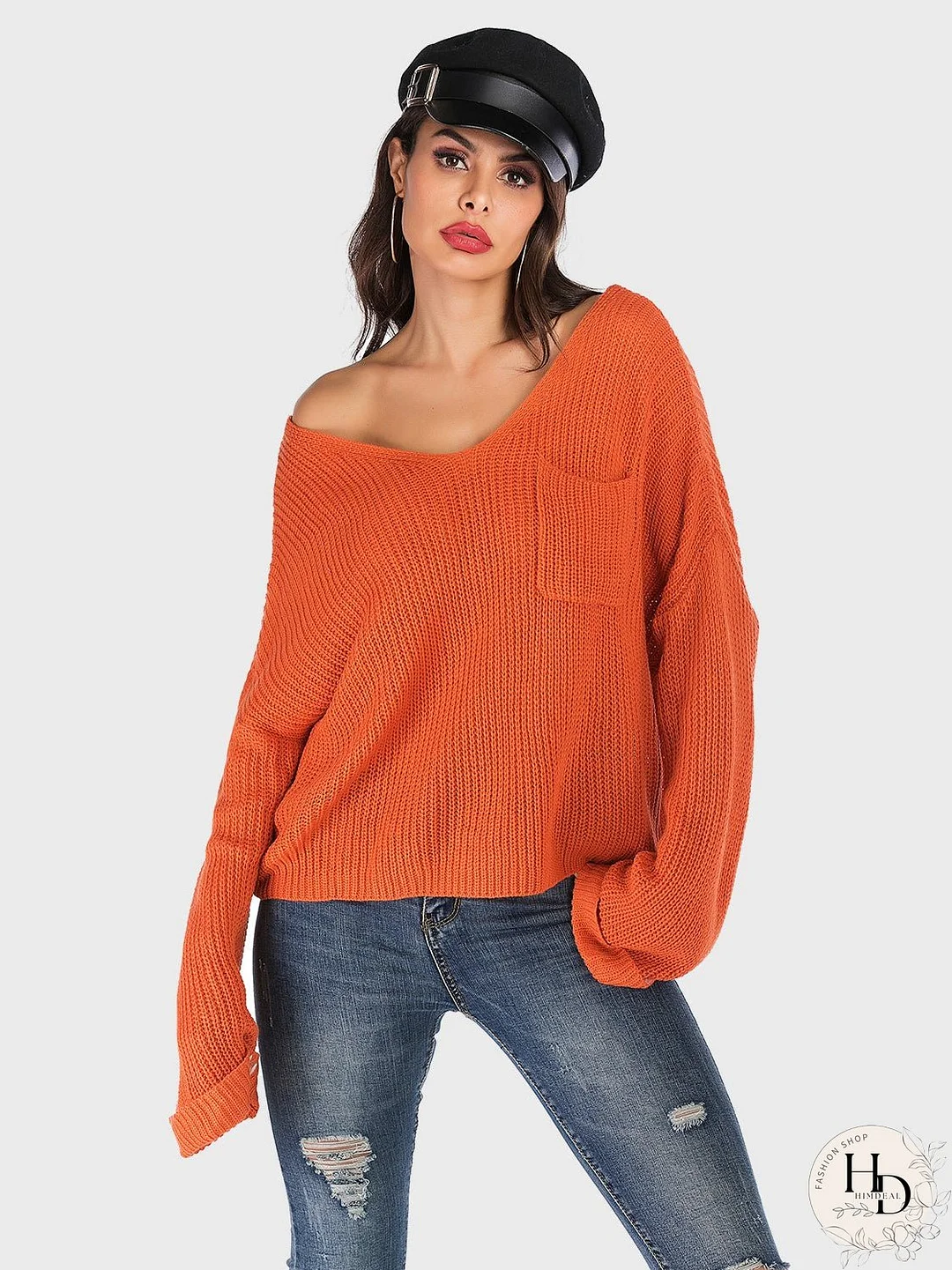 Perfee V-Neck Dropped Shoulder Long Sleeve Sweater