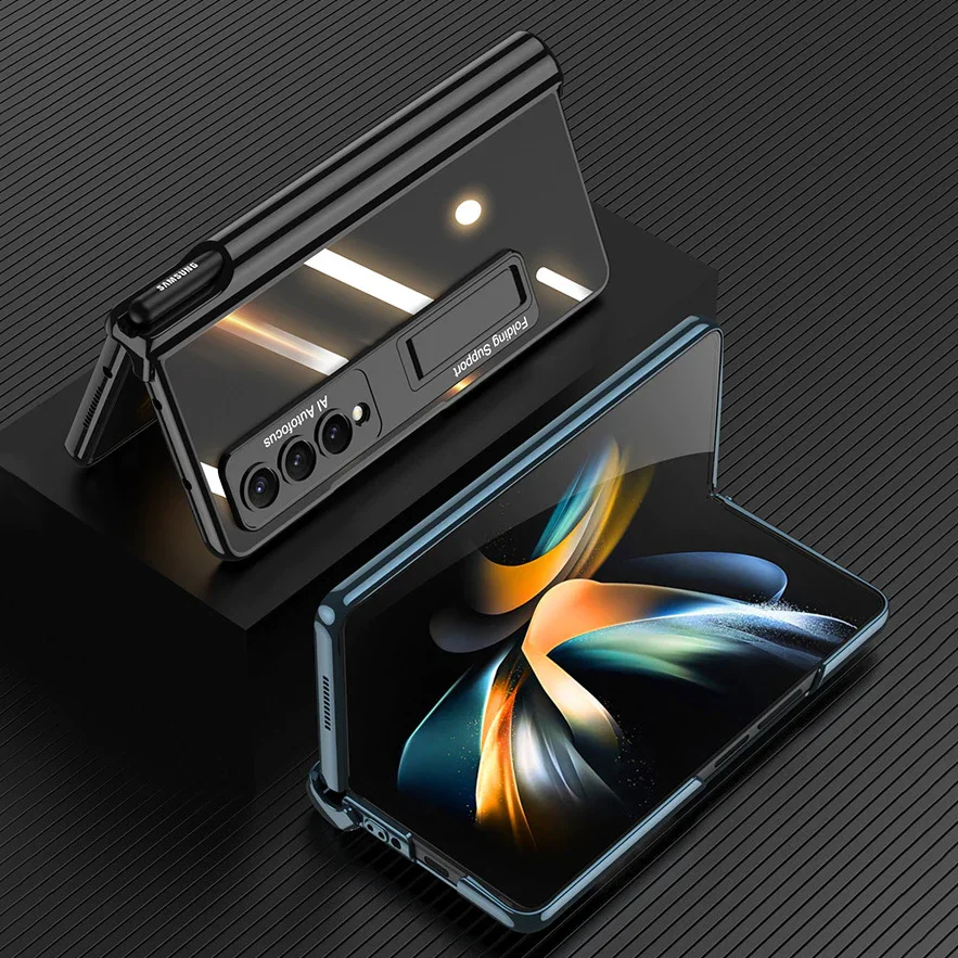 For Samsung ZFold4 Magnetic Hinge Folding Shell Film Electroplating Bracket Pen Slot Mobile Phone Case