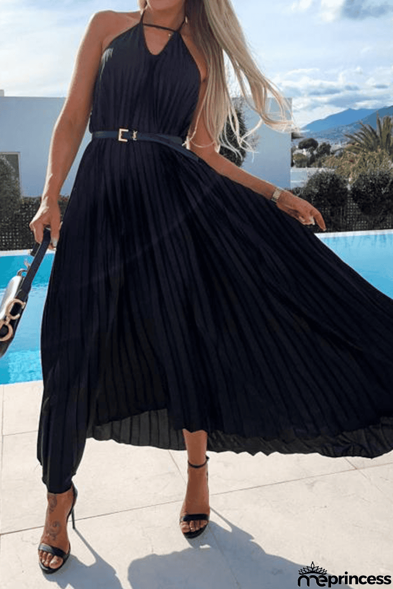 Pleated Halter Neck Backless Maxi Dress