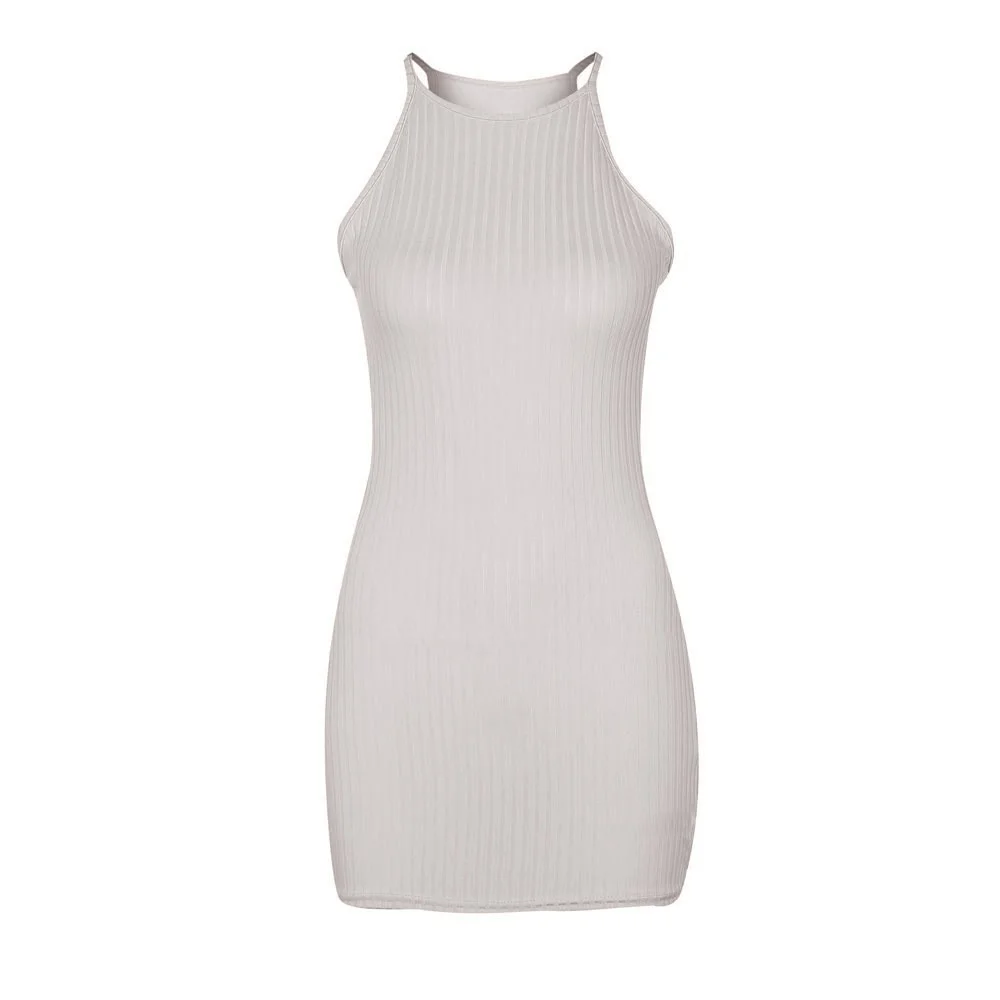 Uveng Uveng Spring And Summer Sexy Ribbed Small Halter Dress Solid Color Knit Show Thin Commuter Skirt