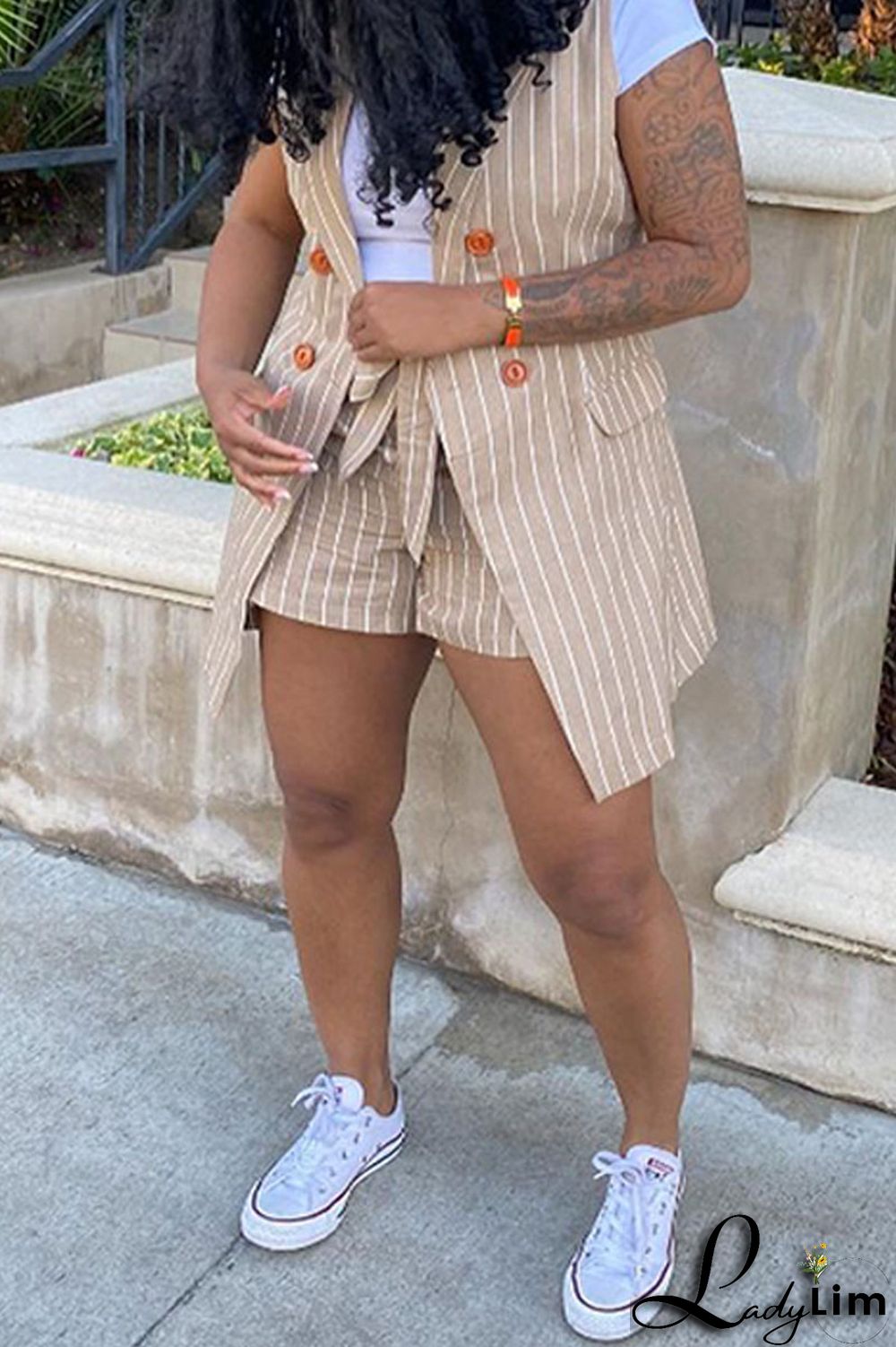 Black Fashion Casual Striped Print Patchwork Cardigan Turndown Collar Plus Size Two Pieces (Without T-shirt)