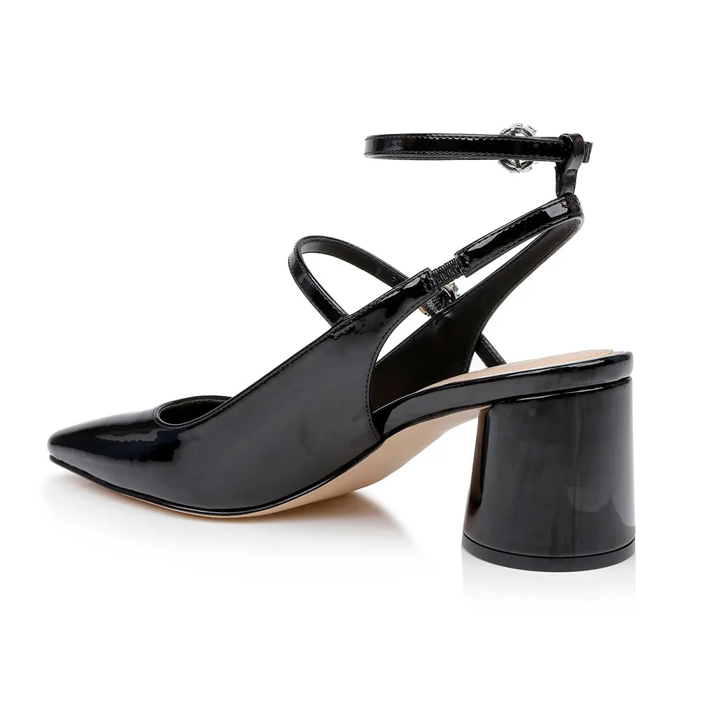 Black Patent Leather Block Heel Ankle Strap Slingback Pumps for Women