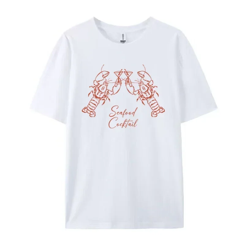 Women Cocktail Seafood Graphic T-Shirt Short Sleeve Cotton Shirt Female Retro Top