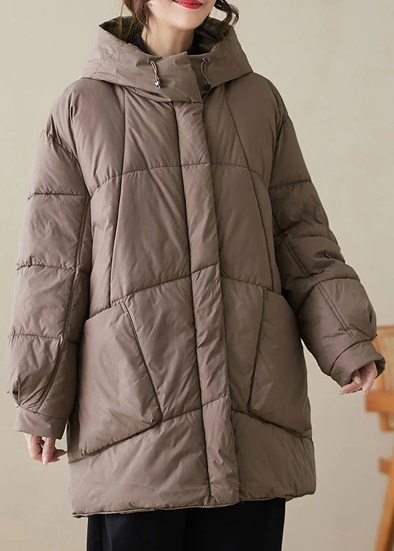 Coffee Zippered Pockets Fine Cotton Filled Womens Parka Hooded Winter