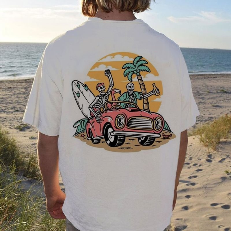 Men Retro Surf Skeleton Print T-shirt
