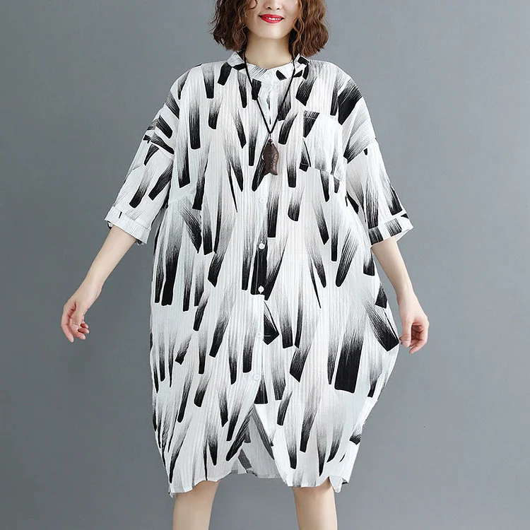 fine white print natural cotton linen dress oversized maxi dress fine half sleeve O neck Stand cotton clothing