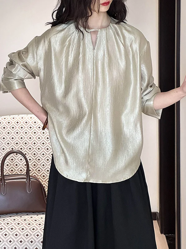 Solid Color Shiny Hollow Loose Long Sleeves Round-Neck Blouses&Shirts Tops
