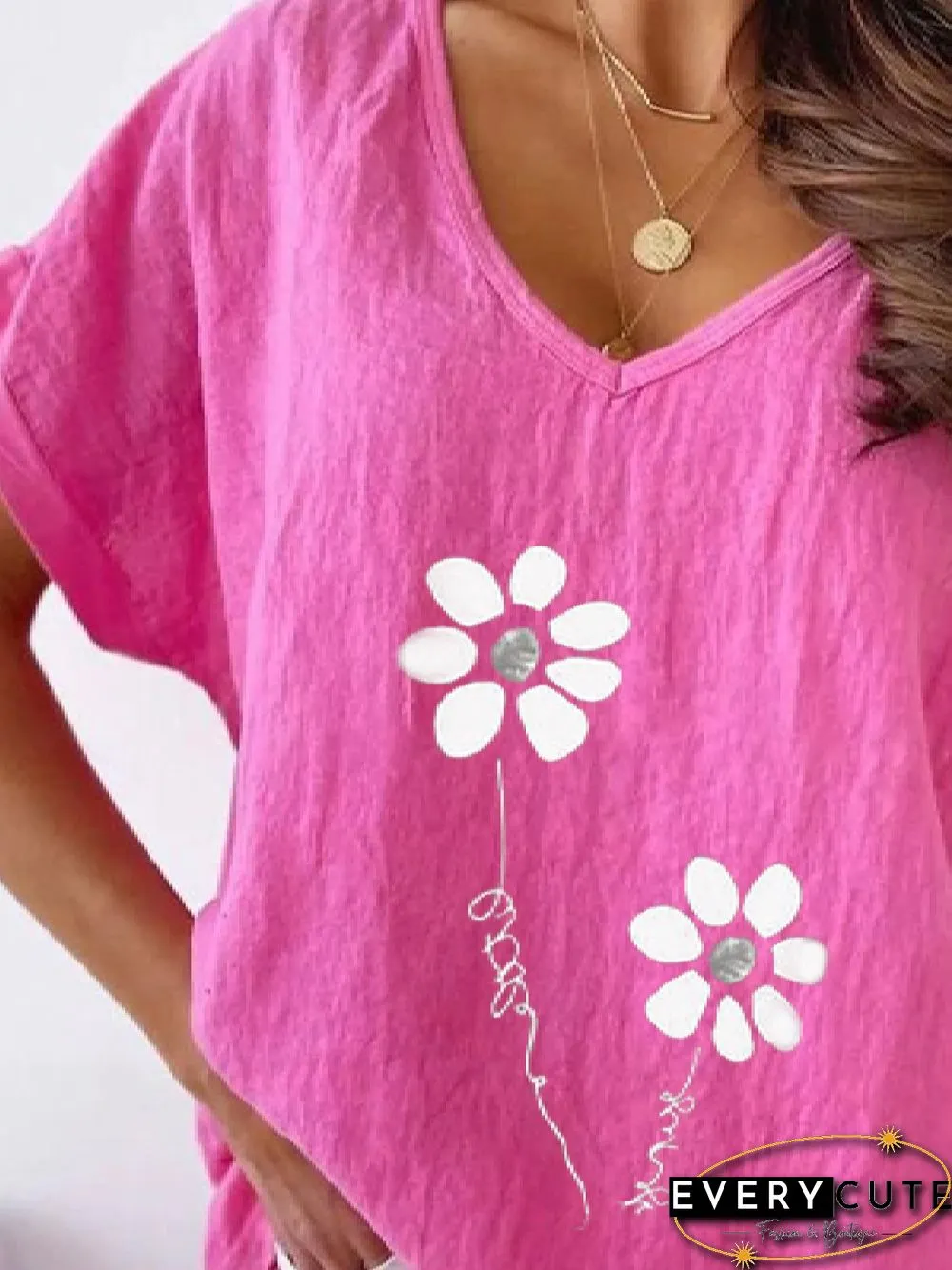 Casual Floral V Neck Loosen Short Sleeve Tops