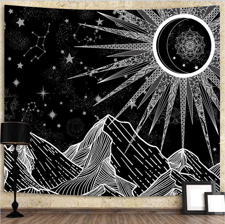 White Black Sun and Moon Tapestry Wall Hanging Witchcraft Psychedelic Tapestries Boho Hippie Wall Rugs Dorm Decor Beach Blanket
