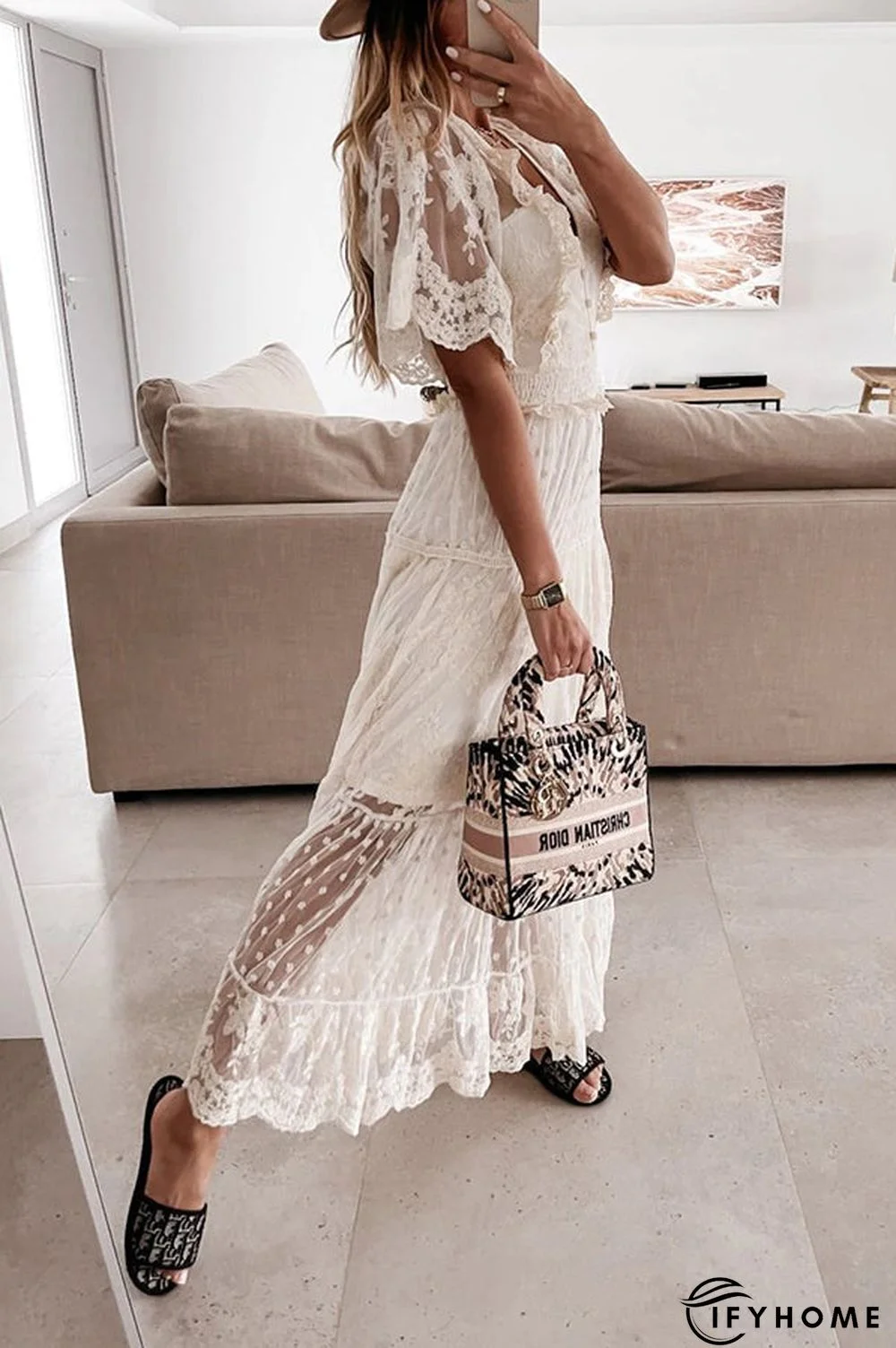 Button Lace V Neck Short Sleeve Maxi Dress | IFYHOME