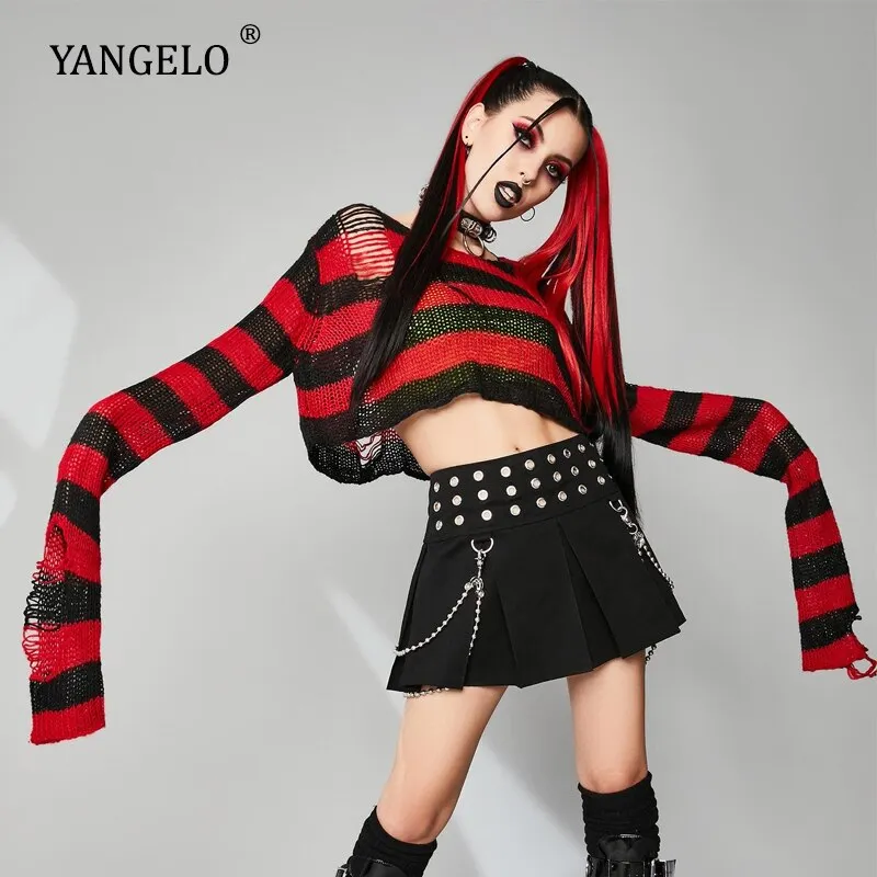 Halloween 200 Gothic Knitted Sweater Women Long Pullovers Striped Loose Winter Ripped Plus Size Sweaters Jumpers Mujer Jersey 924
