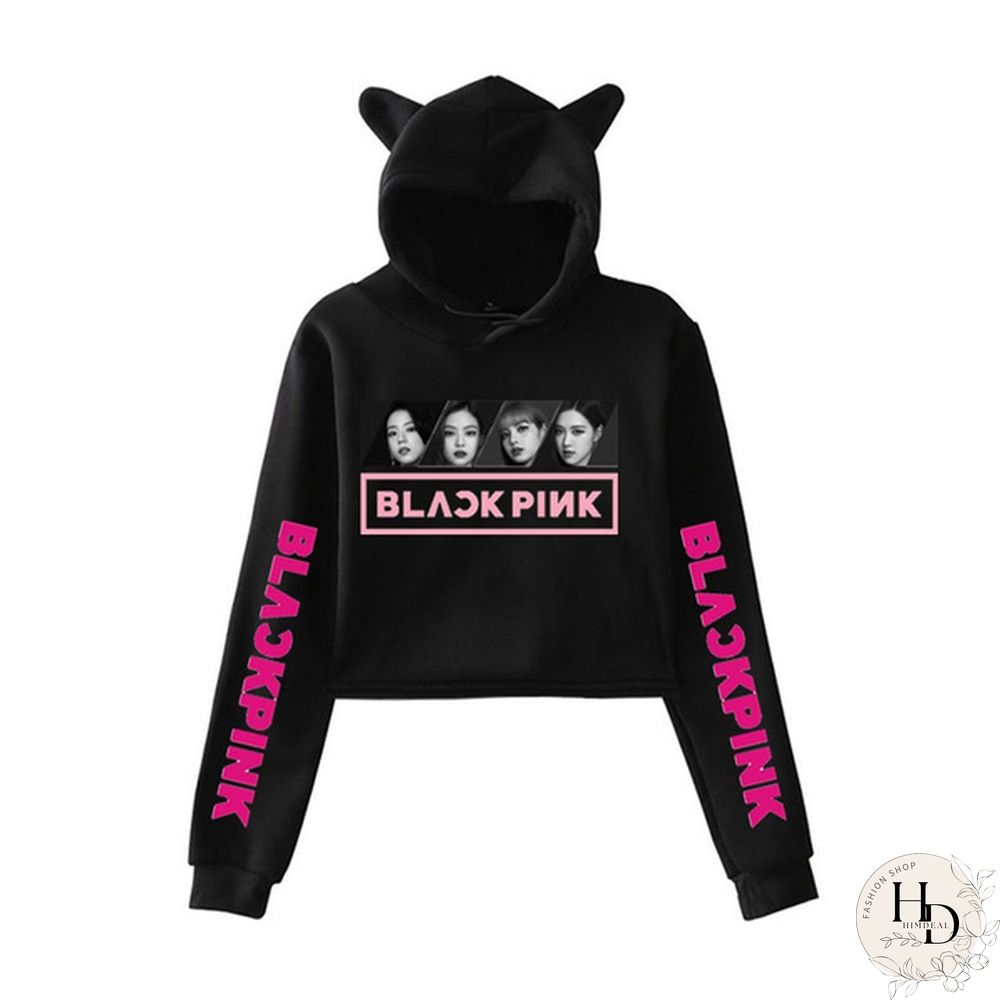 Women's Exposed Umbilical Short Sleeve Kpop Blackpink Lisa Jennie Rose Jisoo Print Hoodies Sweatshirt Cat Ear Crop Tops Pullover