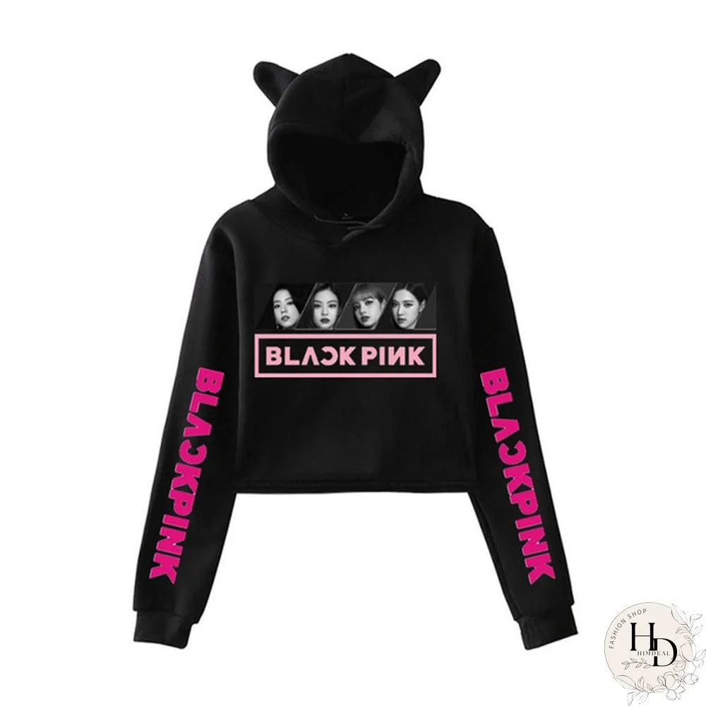 Women's Exposed Umbilical Short Sleeve Kpop Blackpink Lisa Jennie Rose Jisoo Print Hoodies Sweatshirt Cat Ear Crop Tops Pullover