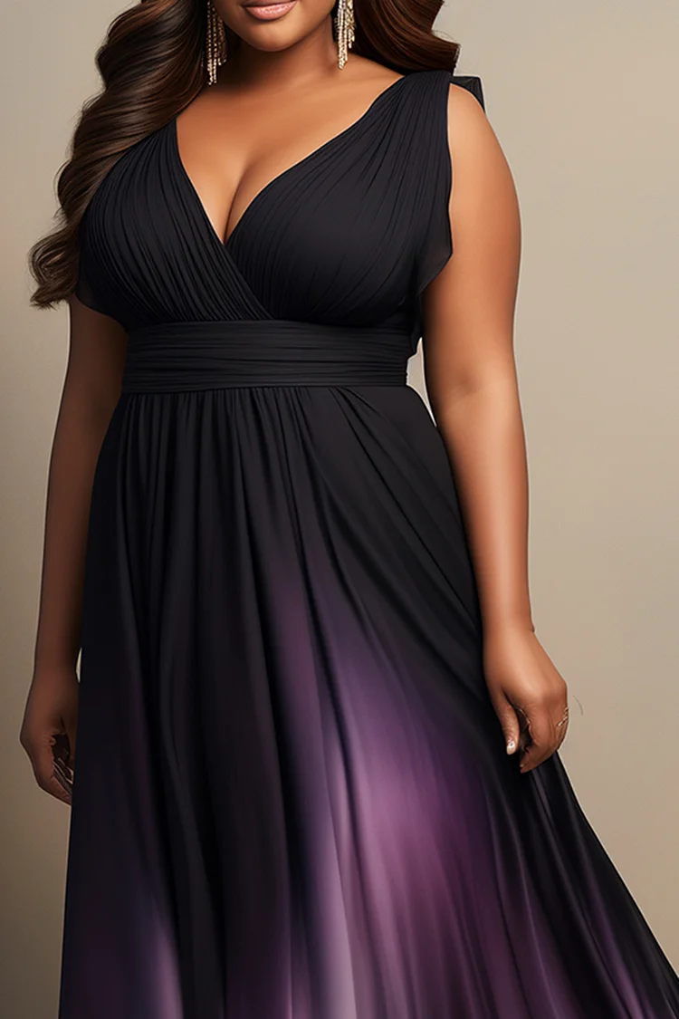 Xpluswear Design Plus Size Formal Purple Gradient Wrap Neck Sundress Maxi Dresses