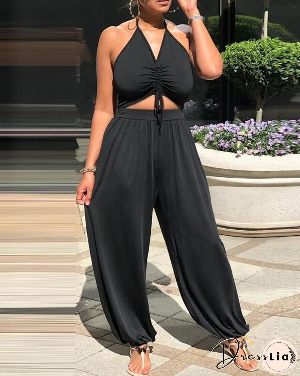 Halter Cutout Plain Drawstring Jumpsuit