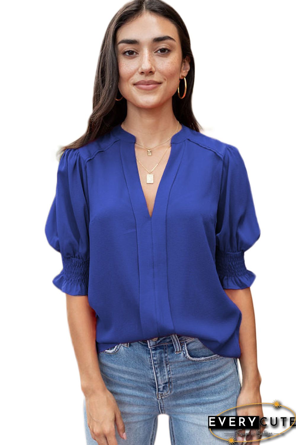Blue Solid Color Half Sleeve V Neck Blouse