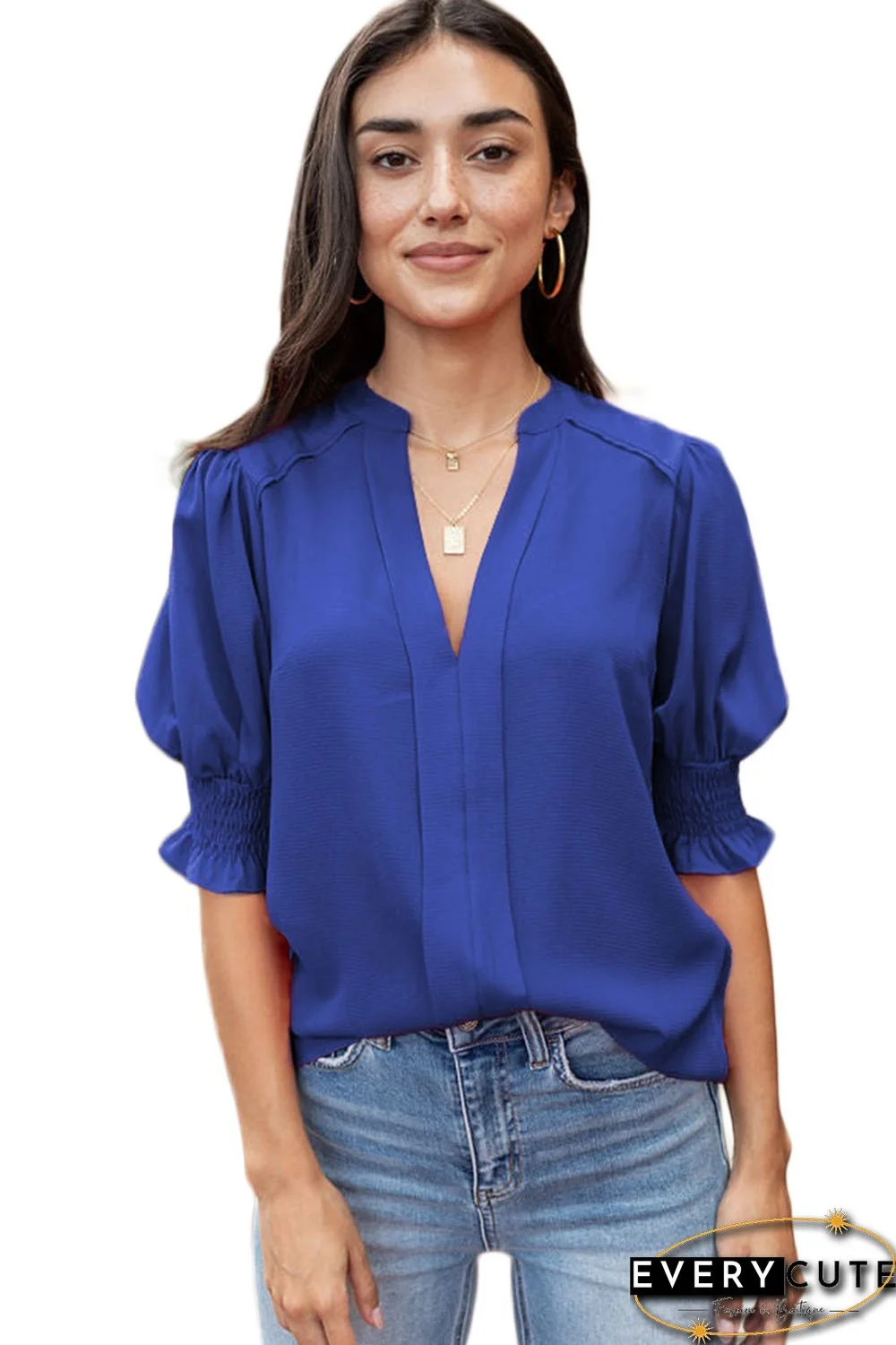 Blue Solid Color Half Sleeve V Neck Blouse
