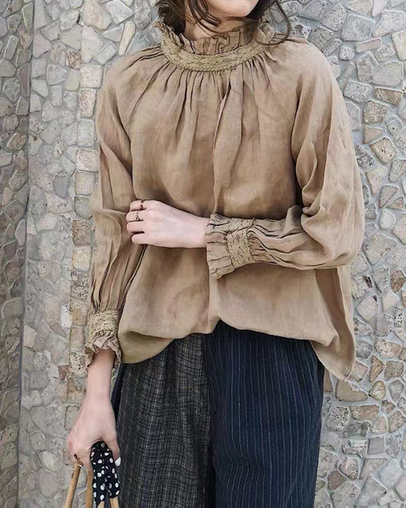 Ruffled High Neck Puffed Long Sleeve Top