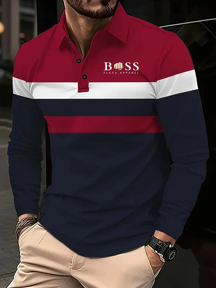 Men's Business Casual Striped Long-Sleeved Polo Shirt