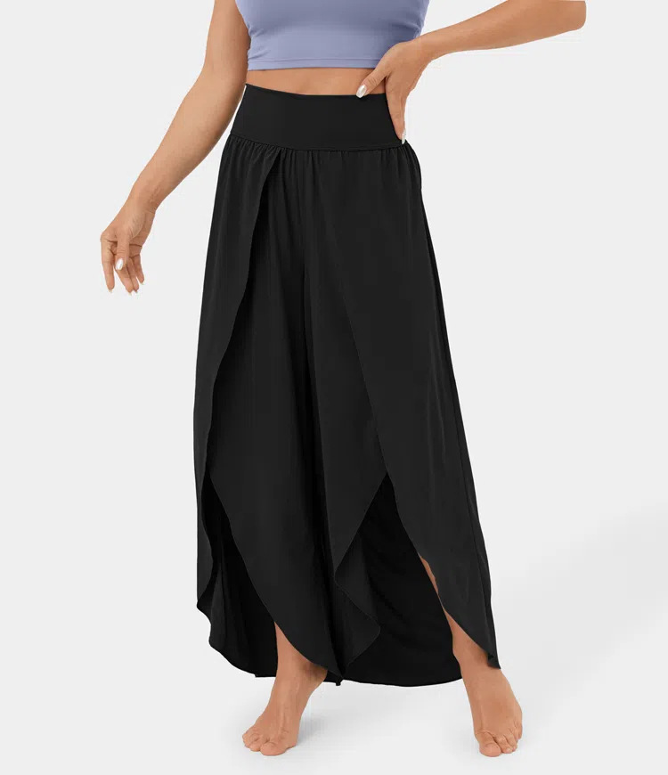 Mature Women Loose Split Yoga Pants Summer Elastic High Waist Wide Leg Trousers