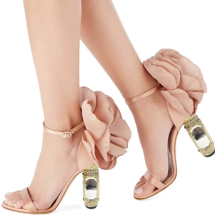 Satin Blush Floral Sandals with Rhinestone Embellishments and Clear Chunky Heel Vdcoo