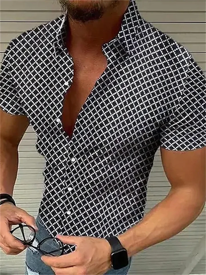 Men's Shirt Short Sleeve Print Design Casual Print White Black Red Lattice Turndown Tops Beach / Summer / Summer
