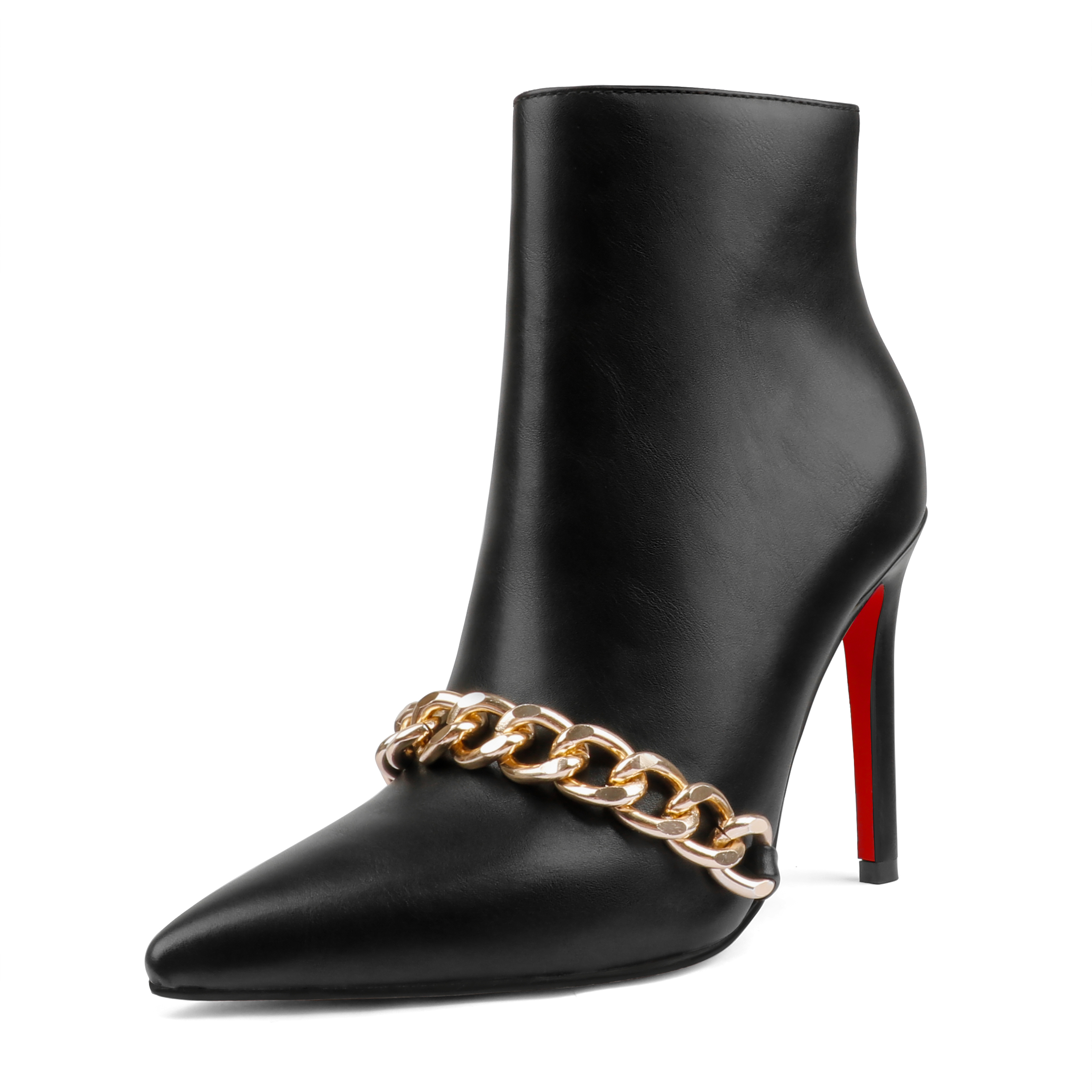 Women's Closed Pointed Toe Chain Studded Stiletto Ankle Boots Red Bottom Heels-MERUMOTE