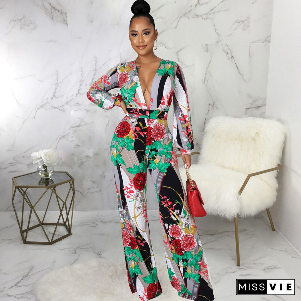 Digital Printed V-neck One Piece Jumpsuit