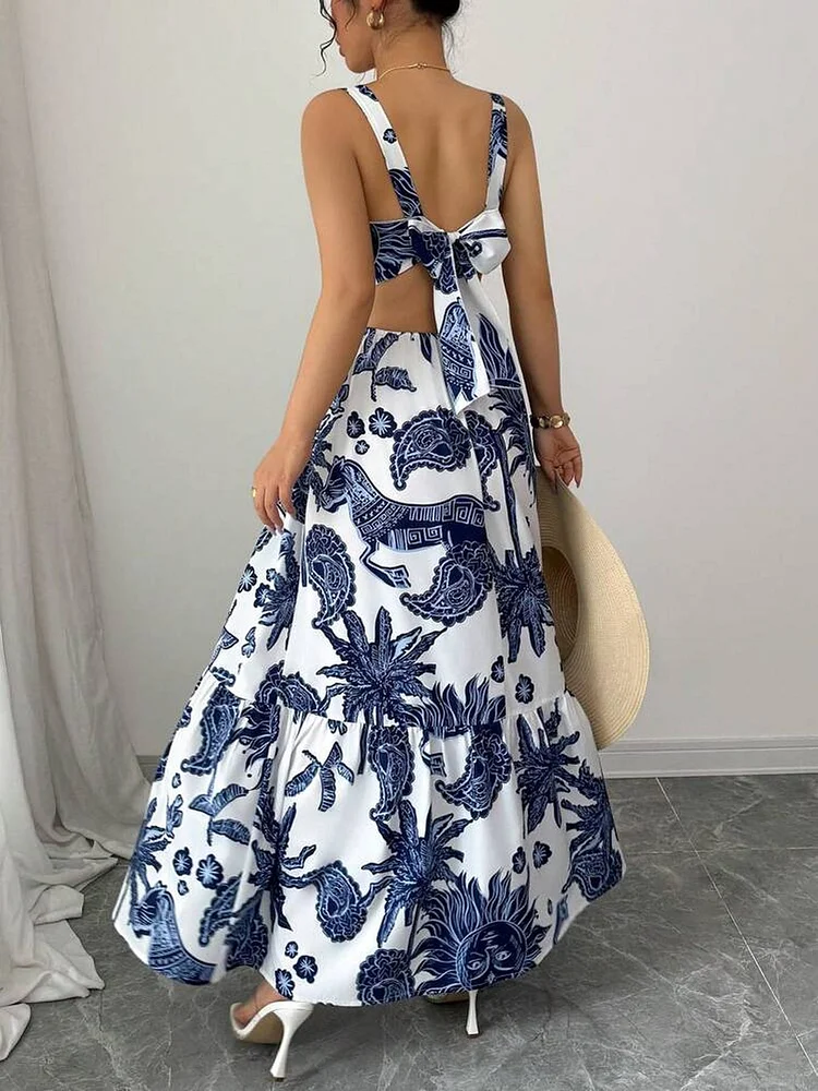 Women's Sleeveless Back Tie Bow Geometric Print Dress - Long Flowy Vacation Resort Wear With Adjustable Waist & Flared Skirt, Machine Washable, Holiday Attire, Elegant Style, Stylish Detailing, Stylish Women